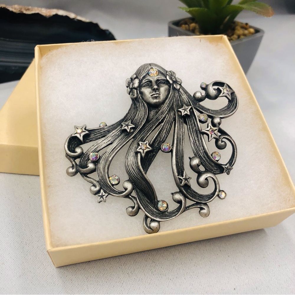 JJ Jonette Jewlery Pewter AB Rhinestone Goddess Asteria Brooch